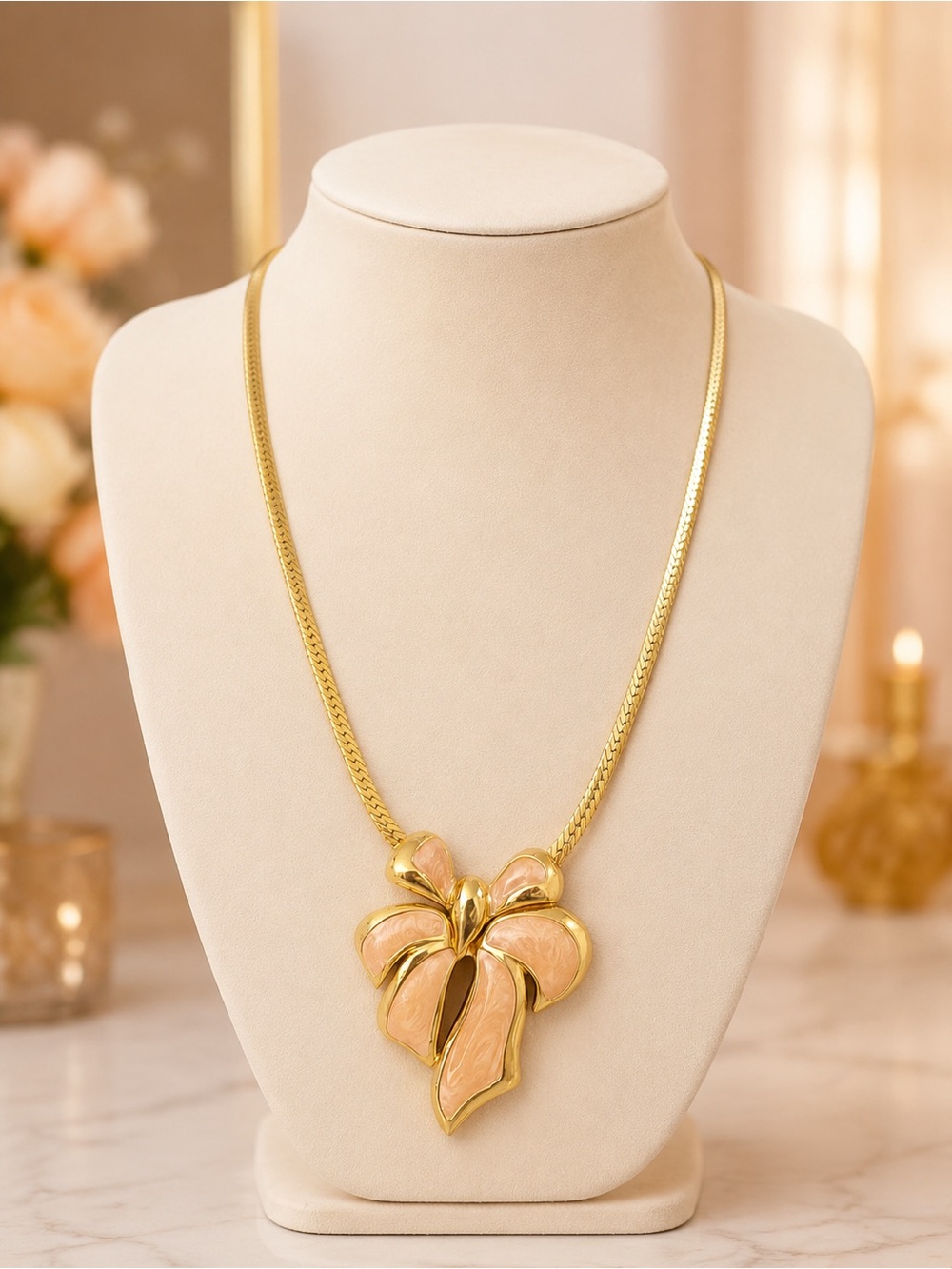 Napier Gold-Tone Necklace with Pink Enamel Floral Pendant